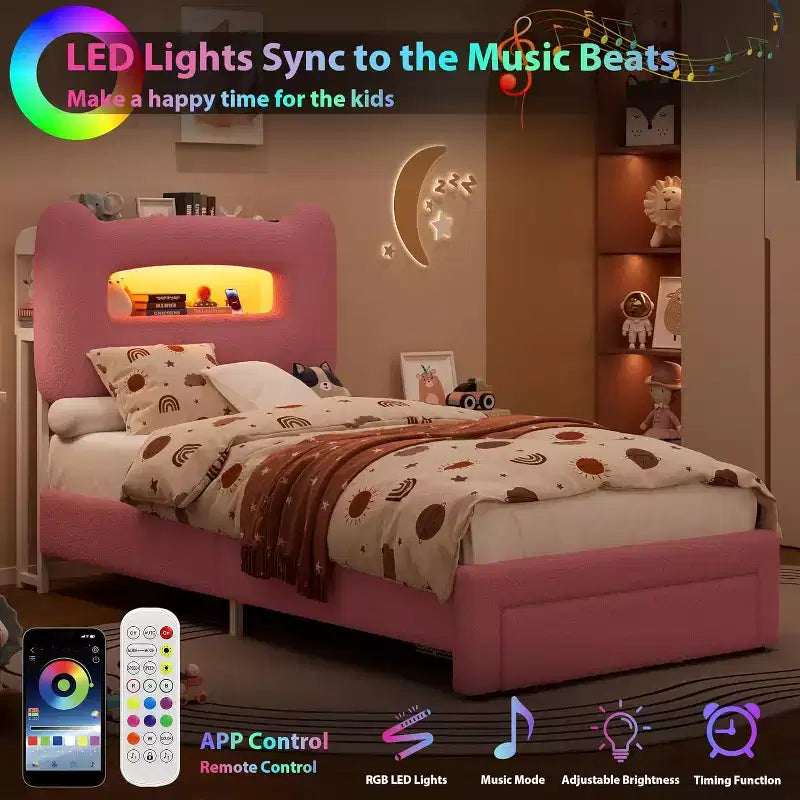 UpholsteredBed Frame with 2-Tier Storage Headboard, LED Platform Bed with Charging Station and Drawer for Kids/Girls/Boys
