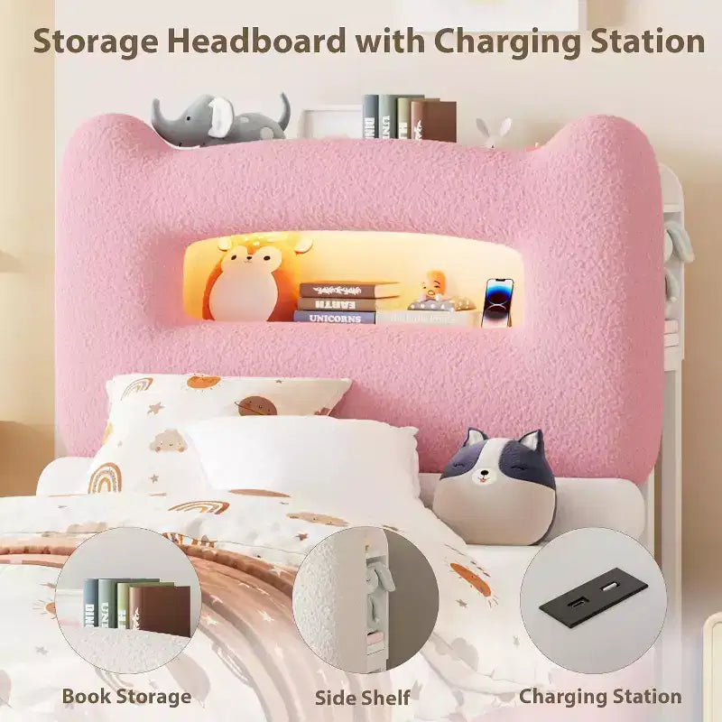 UpholsteredBed Frame with 2-Tier Storage Headboard, LED Platform Bed with Charging Station and Drawer for Kids/Girls/Boys