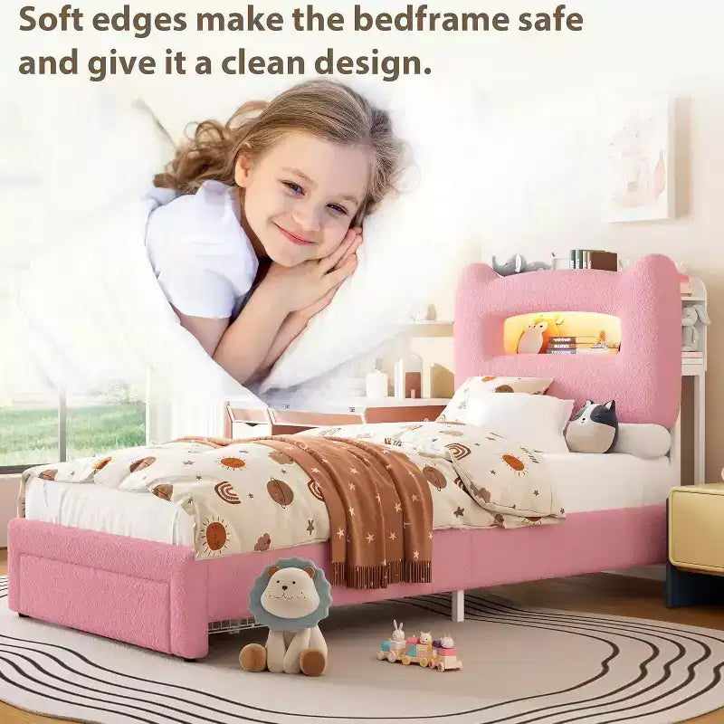 UpholsteredBed Frame with 2-Tier Storage Headboard, LED Platform Bed with Charging Station and Drawer for Kids/Girls/Boys