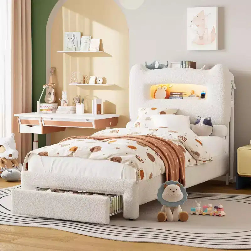 UpholsteredBed Frame with 2-Tier Storage Headboard, LED Platform Bed with Charging Station and Drawer for Kids/Girls/Boys