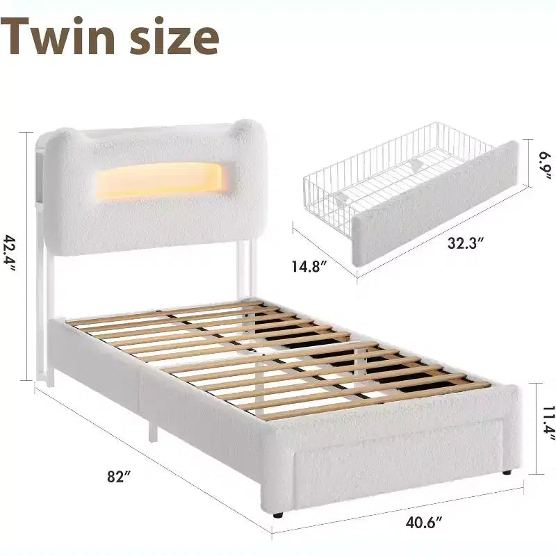 UpholsteredBed Frame with 2-Tier Storage Headboard, LED Platform Bed with Charging Station and Drawer for Kids/Girls/Boys