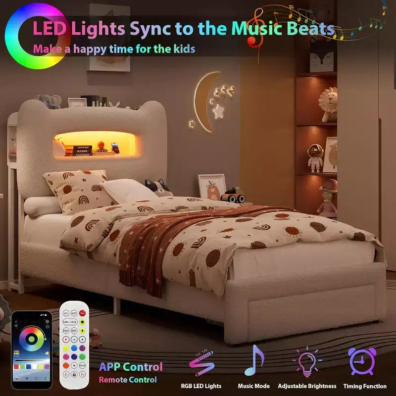 UpholsteredBed Frame with 2-Tier Storage Headboard, LED Platform Bed with Charging Station and Drawer for Kids/Girls/Boys