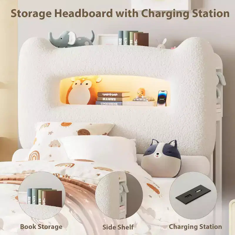 UpholsteredBed Frame with 2-Tier Storage Headboard, LED Platform Bed with Charging Station and Drawer for Kids/Girls/Boys