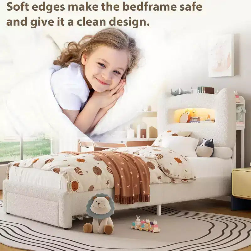 UpholsteredBed Frame with 2-Tier Storage Headboard, LED Platform Bed with Charging Station and Drawer for Kids/Girls/Boys