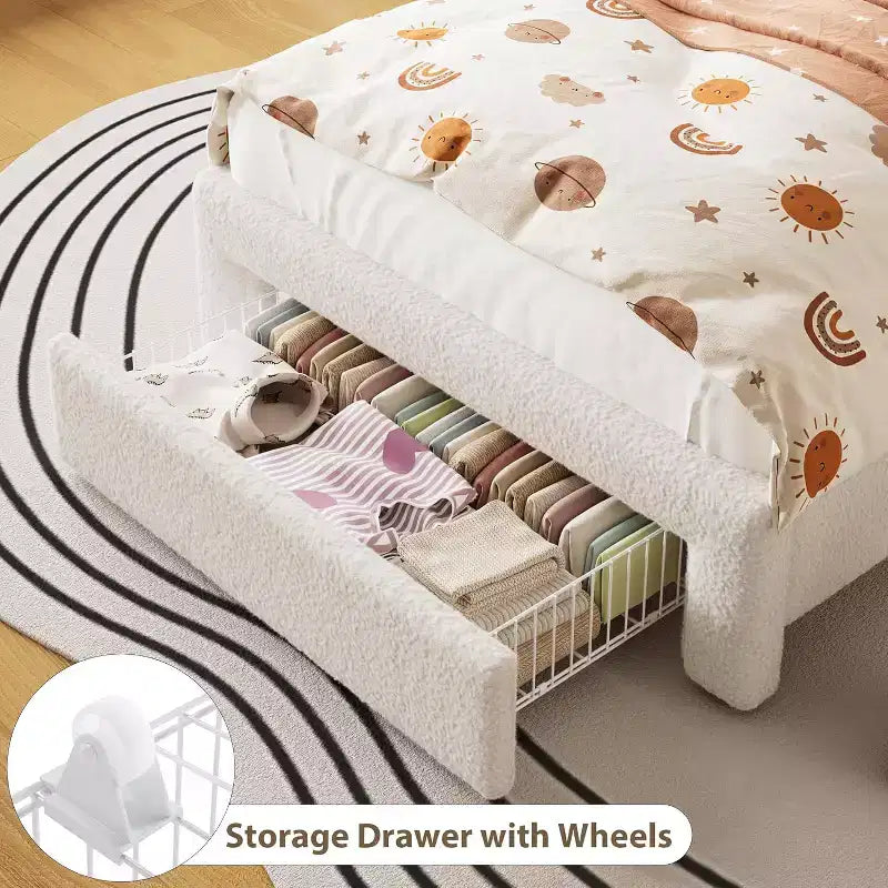 UpholsteredBed Frame with 2-Tier Storage Headboard, LED Platform Bed with Charging Station and Drawer for Kids/Girls/Boys