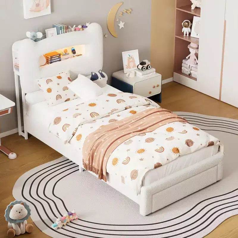 UpholsteredBed Frame with 2-Tier Storage Headboard, LED Platform Bed with Charging Station and Drawer for Kids/Girls/Boys