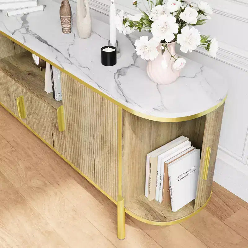 70 TV Stand with Faux Marble Top, Luxury Media Console Table with Adjustable Shelves, Curved Profile Sliding Doors