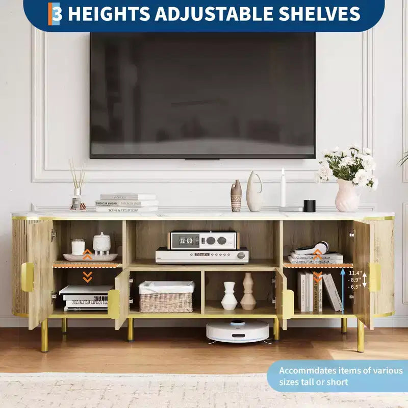 70 TV Stand with Faux Marble Top, Luxury Media Console Table with Adjustable Shelves, Curved Profile Sliding Doors