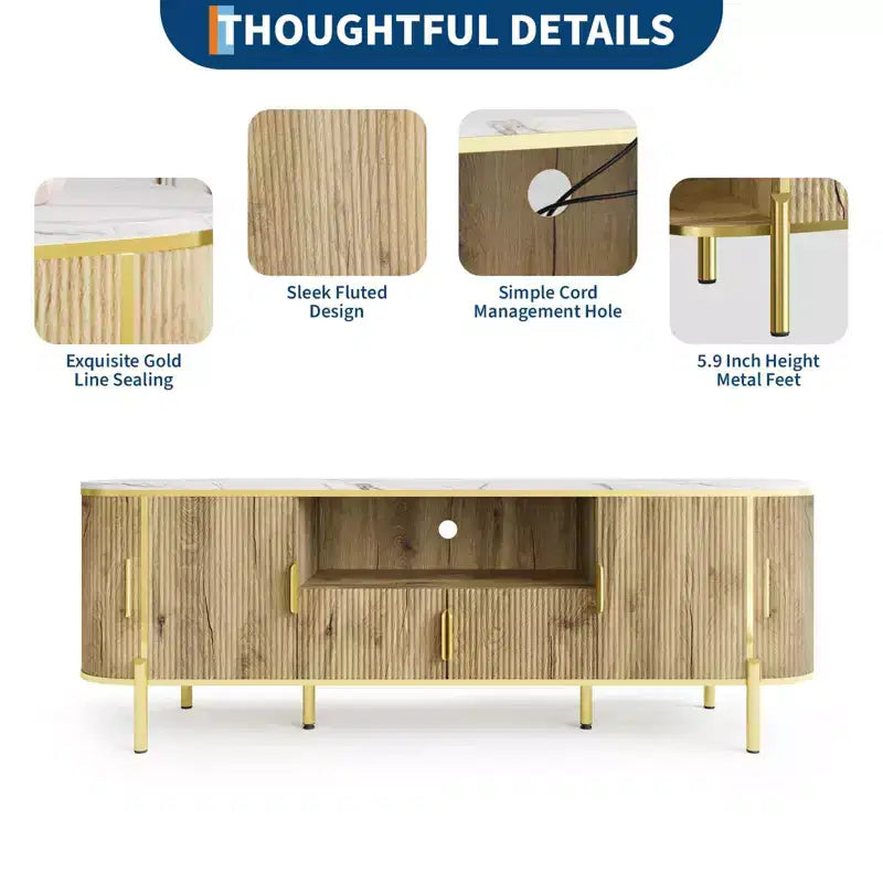 70 TV Stand with Faux Marble Top, Luxury Media Console Table with Adjustable Shelves, Curved Profile Sliding Doors