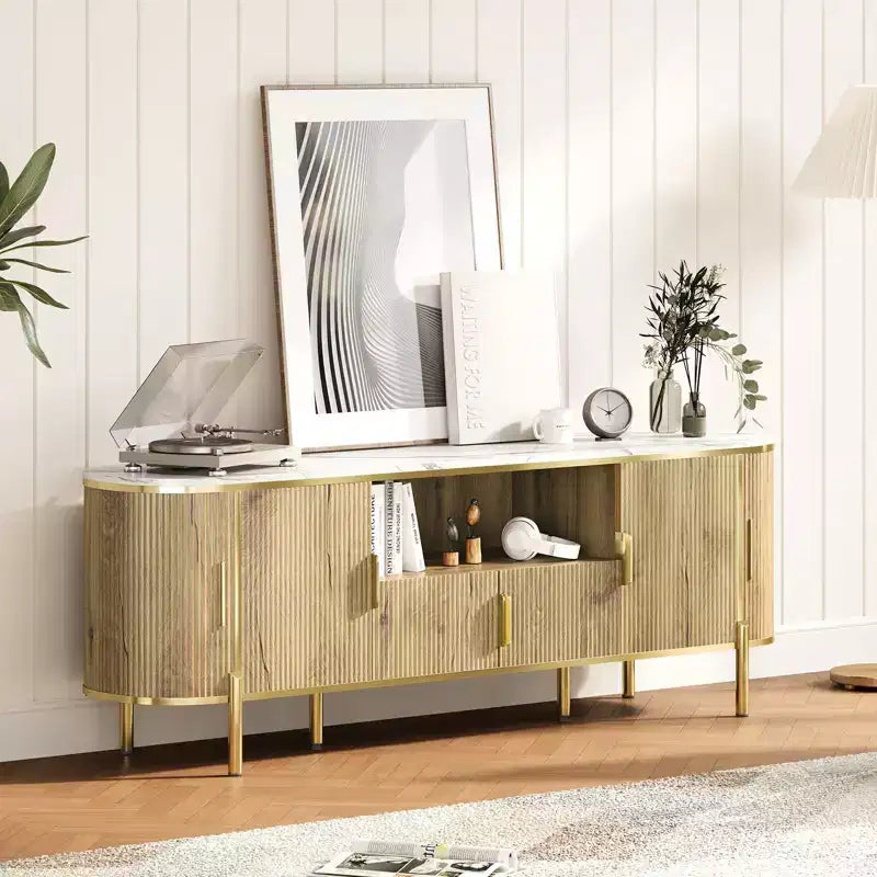 70 TV Stand with Faux Marble Top, Luxury Media Console Table with Adjustable Shelves, Curved Profile Sliding Doors