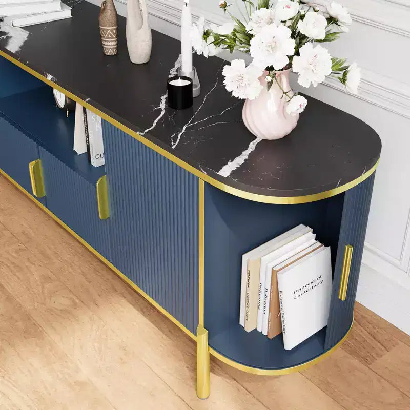 70 TV Stand with Faux Marble Top, Luxury Media Console Table with Adjustable Shelves, Curved Profile Sliding Doors