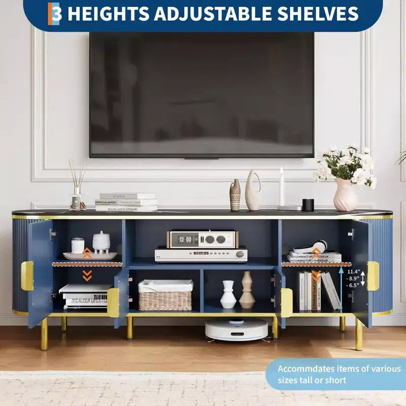 70 TV Stand with Faux Marble Top, Luxury Media Console Table with Adjustable Shelves, Curved Profile Sliding Doors