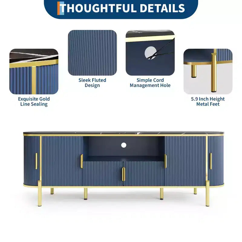 70 TV Stand with Faux Marble Top, Luxury Media Console Table with Adjustable Shelves, Curved Profile Sliding Doors