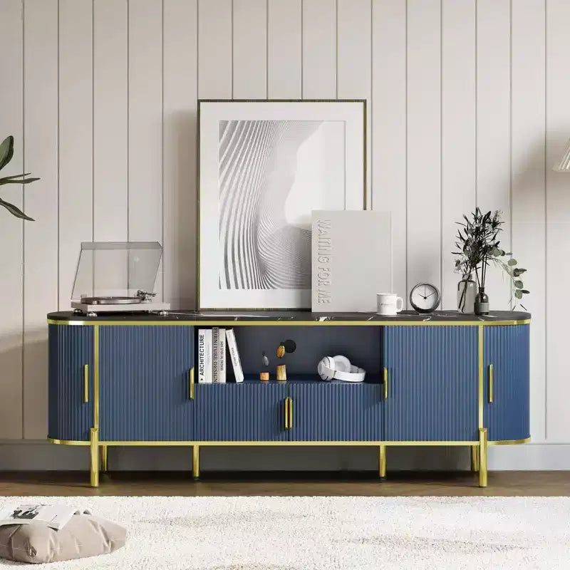 70 TV Stand with Faux Marble Top, Luxury Media Console Table with Adjustable Shelves, Curved Profile Sliding Doors