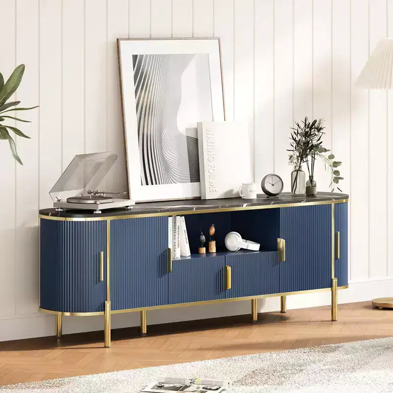 70 TV Stand with Faux Marble Top, Luxury Media Console Table with Adjustable Shelves, Curved Profile Sliding Doors