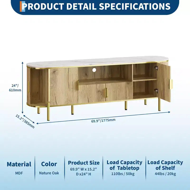 70 TV Stand with Faux Marble Top, Luxury Media Console Table with Adjustable Shelves, Curved Profile Sliding Doors