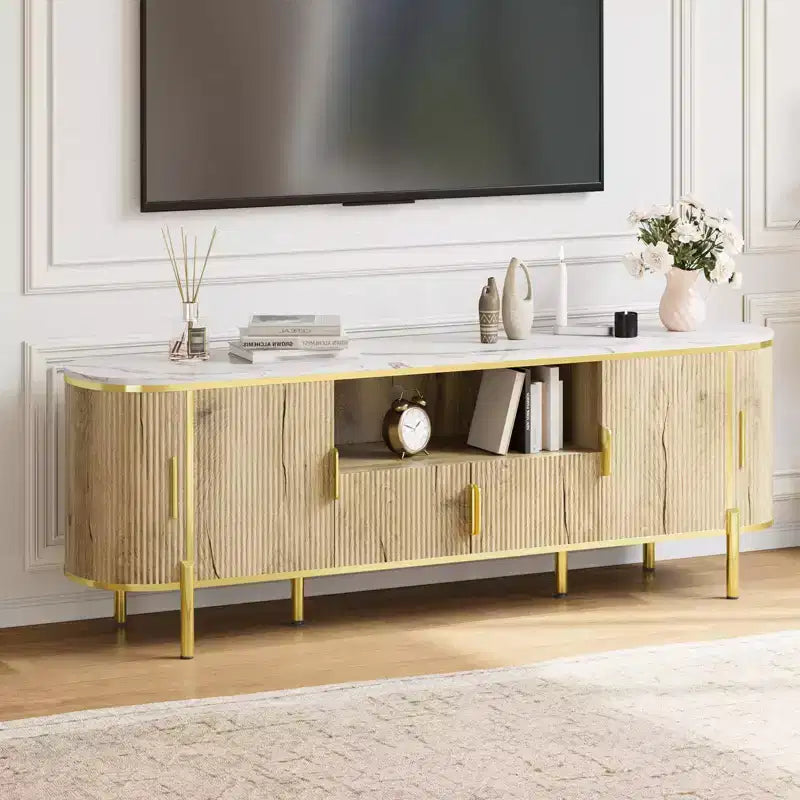 70 TV Stand with Faux Marble Top, Luxury Media Console Table with Adjustable Shelves, Curved Profile Sliding Doors