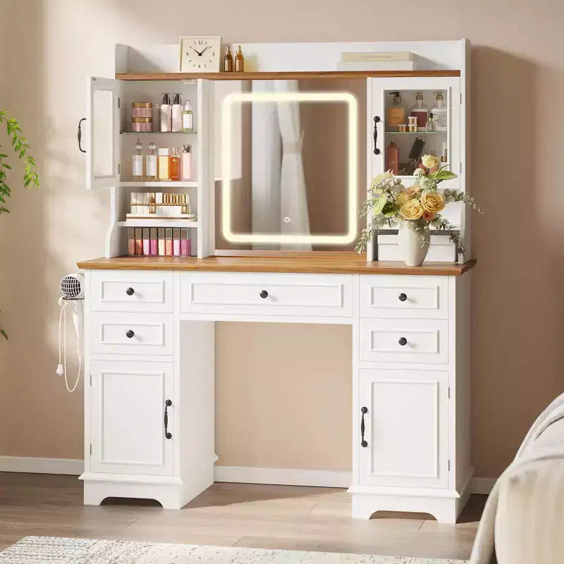 Vanity Desk with LED Lighted Mirror - 3 Color Adjustable 5 Drawers, 4 Doors & 3 Storage Shelves, Charging Station