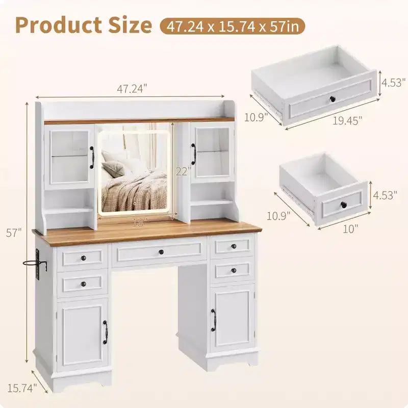 Vanity Desk with LED Lighted Mirror - 3 Color Adjustable 5 Drawers, 4 Doors & 3 Storage Shelves, Charging Station