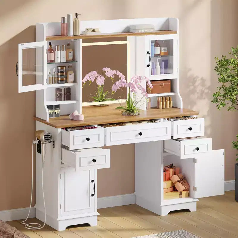 Vanity Desk with LED Lighted Mirror - 3 Color Adjustable 5 Drawers, 4 Doors & 3 Storage Shelves, Charging Station