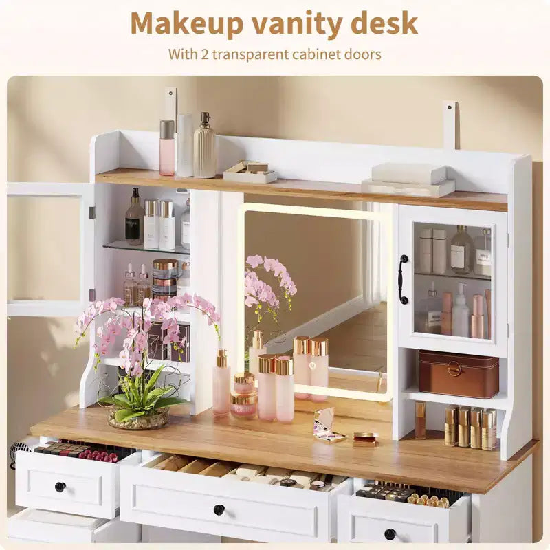 Vanity Desk with LED Lighted Mirror - 3 Color Adjustable 5 Drawers, 4 Doors & 3 Storage Shelves, Charging Station
