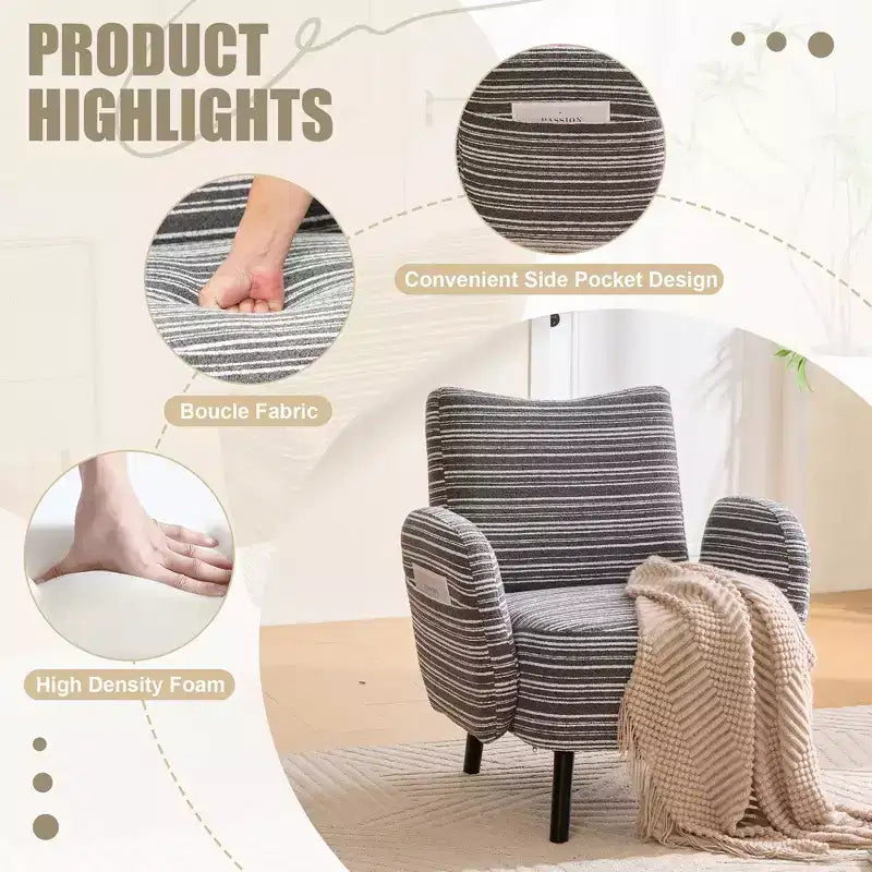 GDFStudio Pira Modern Boucle Upholstered Armchair with Side Storage Pocket