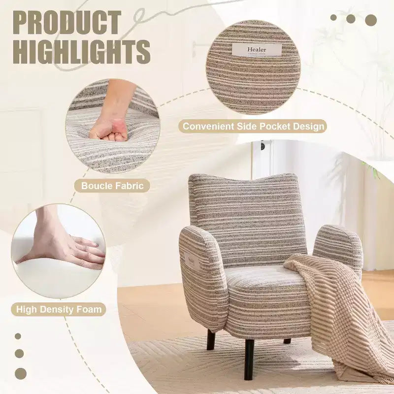 GDFStudio Pira Modern Boucle Upholstered Armchair with Side Storage Pocket