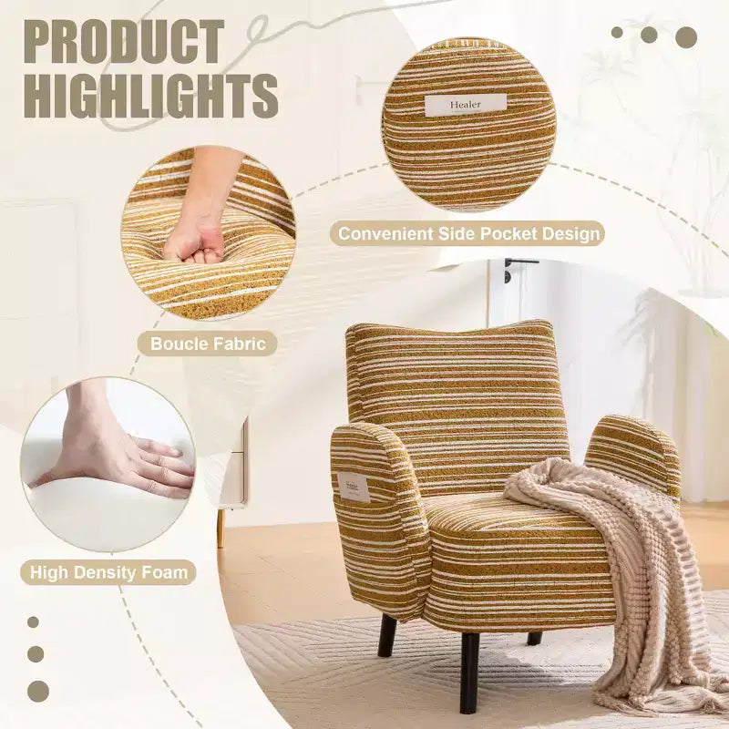 GDFStudio Pira Modern Boucle Upholstered Armchair with Side Storage Pocket