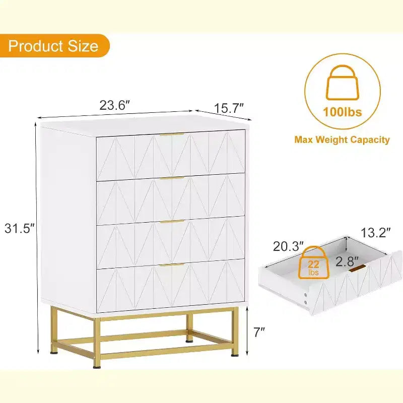 Acekool 4 Drawer Sideboard, Modern Storage Cabinet with Gold Legs for Bedroom, Living Room, 60x40x80cm