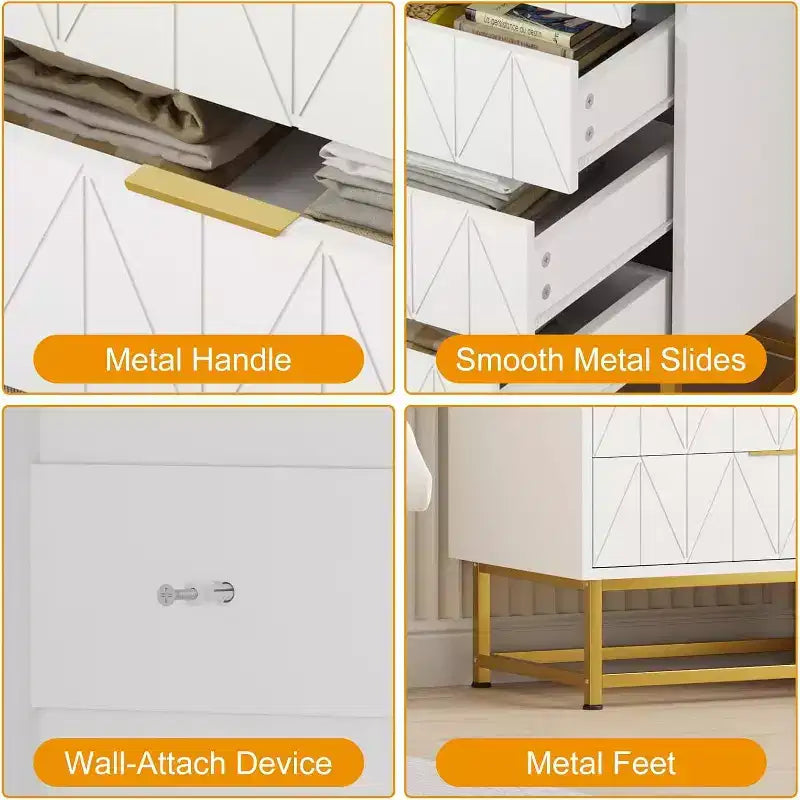 Acekool 4 Drawer Sideboard, Modern Storage Cabinet with Gold Legs for Bedroom, Living Room, 60x40x80cm