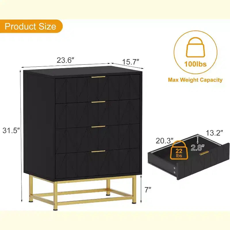 Acekool 4 Drawer Sideboard, Modern Storage Cabinet with Gold Legs for Bedroom, Living Room, 60x40x80cm