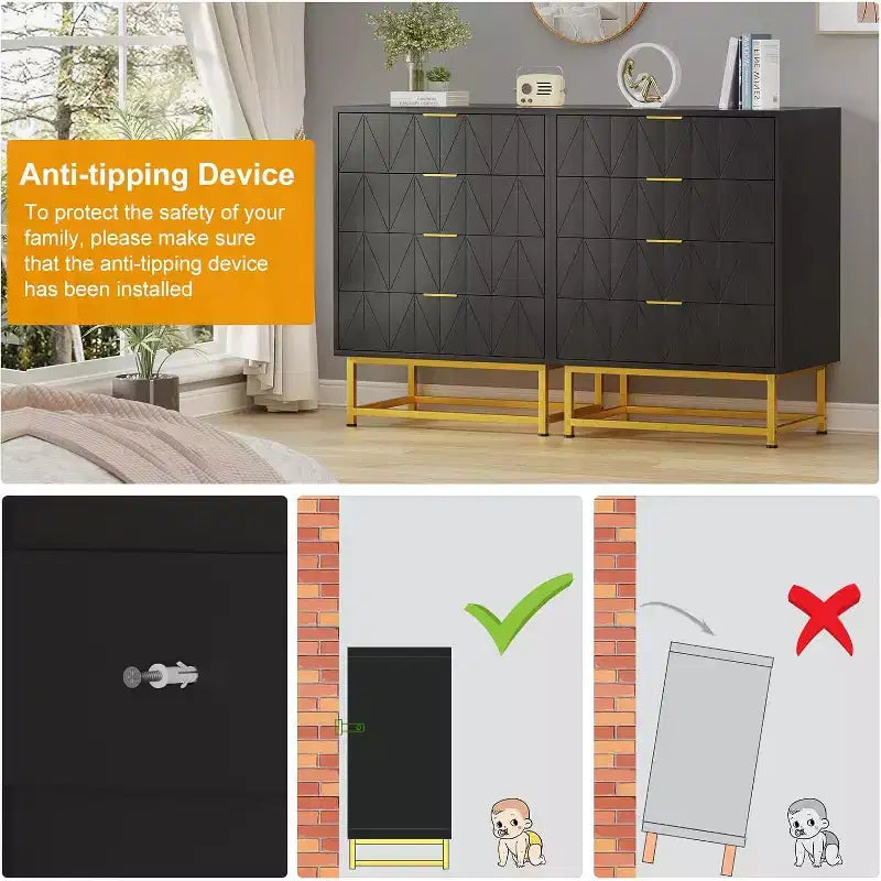 Acekool 4 Drawer Sideboard, Modern Storage Cabinet with Gold Legs for Bedroom, Living Room, 60x40x80cm