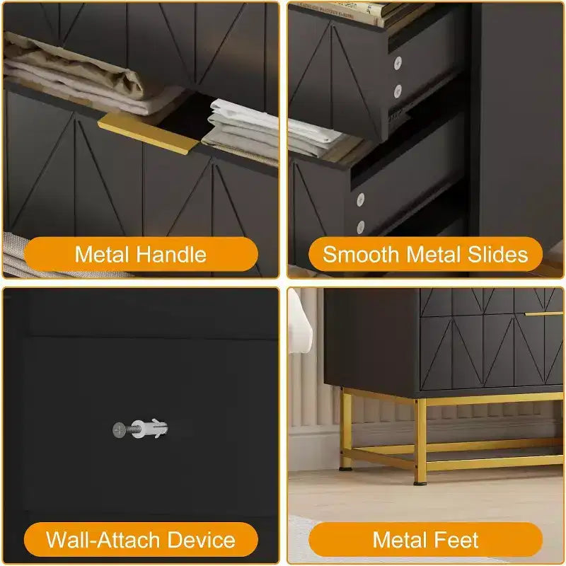 Acekool 4 Drawer Sideboard, Modern Storage Cabinet with Gold Legs for Bedroom, Living Room, 60x40x80cm