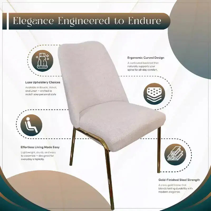 LeisureMod Lumen Dining Chair  Modern Upholstered Kitchen Chair with Gold Steel Legs, Ergonomic Accent Chair