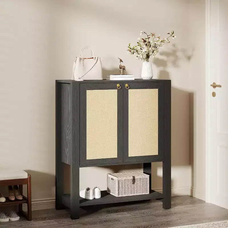 Rattan Shoe Cabinet for Entryway, 5-Tier Farmhouse Organizer Rack Narrow Shoe Storage Cabinet with 2 Doors