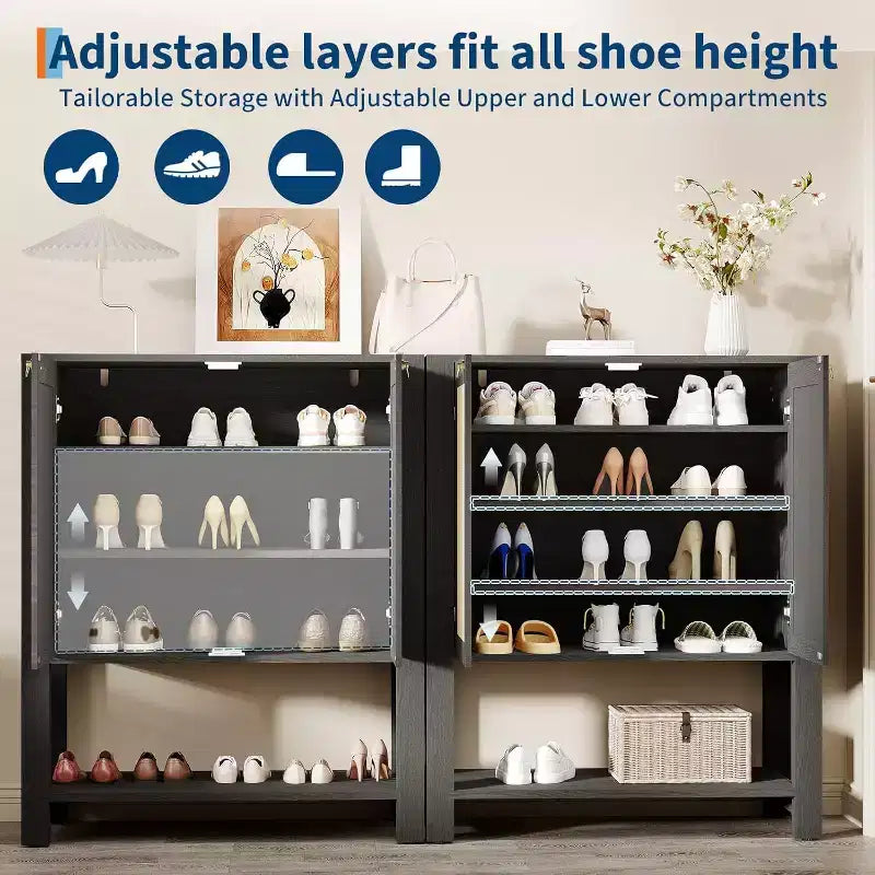 Rattan Shoe Cabinet for Entryway, 5-Tier Farmhouse Organizer Rack Narrow Shoe Storage Cabinet with 2 Doors