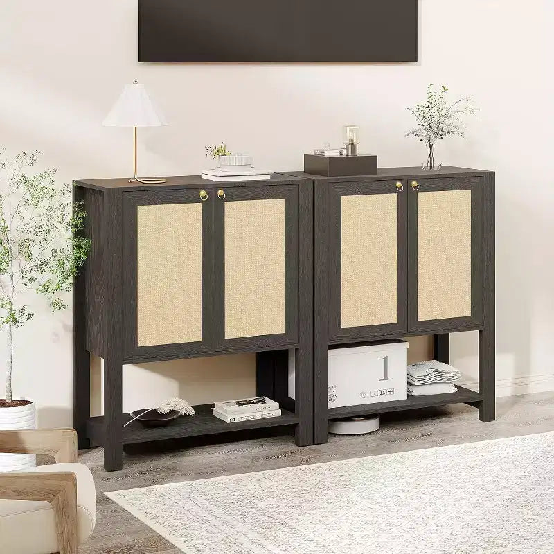 Rattan Shoe Cabinet for Entryway, 5-Tier Farmhouse Organizer Rack Narrow Shoe Storage Cabinet with 2 Doors