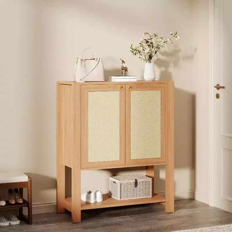 Rattan Shoe Cabinet for Entryway, 5-Tier Farmhouse Organizer Rack Narrow Shoe Storage Cabinet with 2 Doors