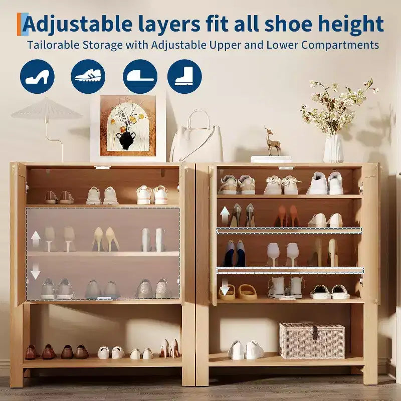 Rattan Shoe Cabinet for Entryway, 5-Tier Farmhouse Organizer Rack Narrow Shoe Storage Cabinet with 2 Doors