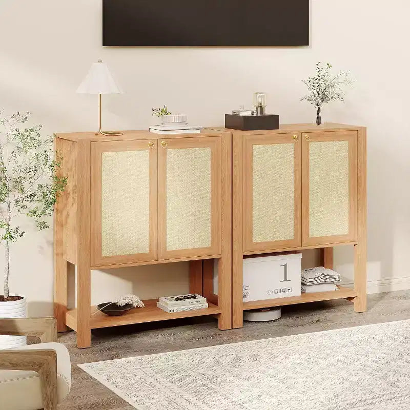 Rattan Shoe Cabinet for Entryway, 5-Tier Farmhouse Organizer Rack Narrow Shoe Storage Cabinet with 2 Doors