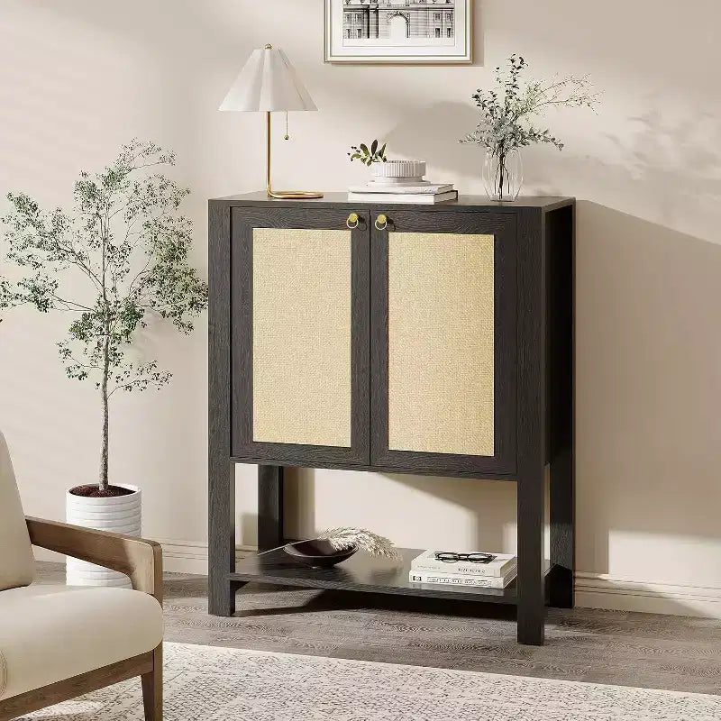 Rattan Shoe Cabinet for Entryway, 5-Tier Farmhouse Organizer Rack Narrow Shoe Storage Cabinet with 2 Doors
