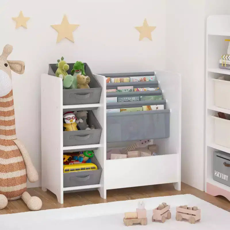 MAYEERTY Kids Booksheld and Toy Storage Organizer, Multifunctional 4 Tier 3 Collapsible Fabric Drawers, Book Display in Room Playroom
