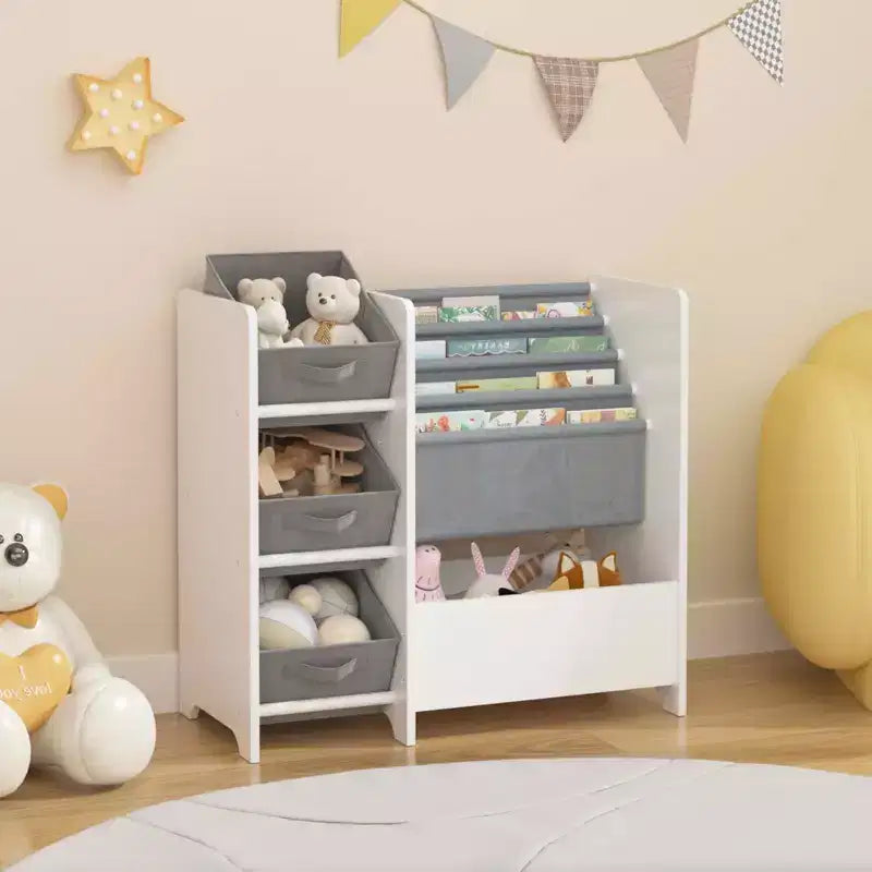 MAYEERTY Kids Booksheld and Toy Storage Organizer, Multifunctional 4 Tier 3 Collapsible Fabric Drawers, Book Display in Room Playroom