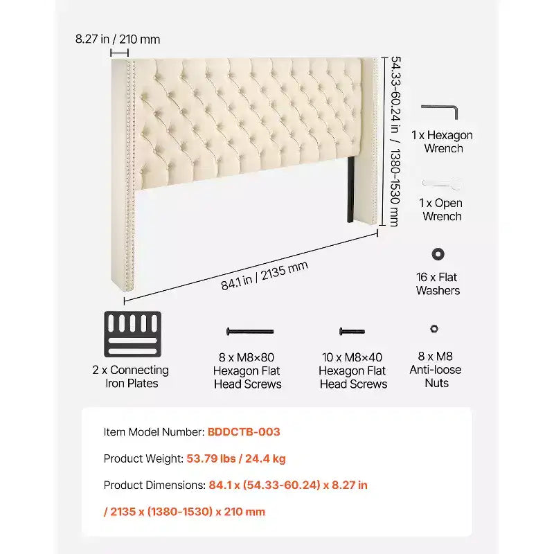 VEVOR Headboard, King Size Headboard with Adjustable Height, Comfortable Diamond Tufted for King Size Bed, W84.1 x H (54.33-60.24) x D 8.27 in, Beige