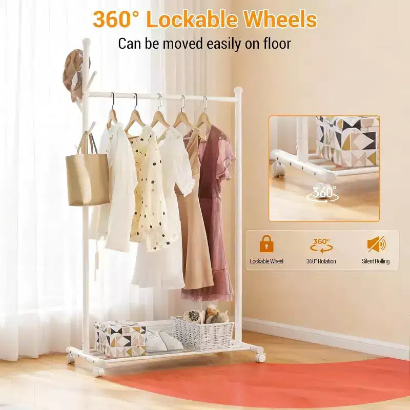 Metal Clothing Rack with Wheels, Rolling Clothes Racks for Hanging Clothes, Moveable Standing Garment Rack Clothes Hanger Racks for Small Space