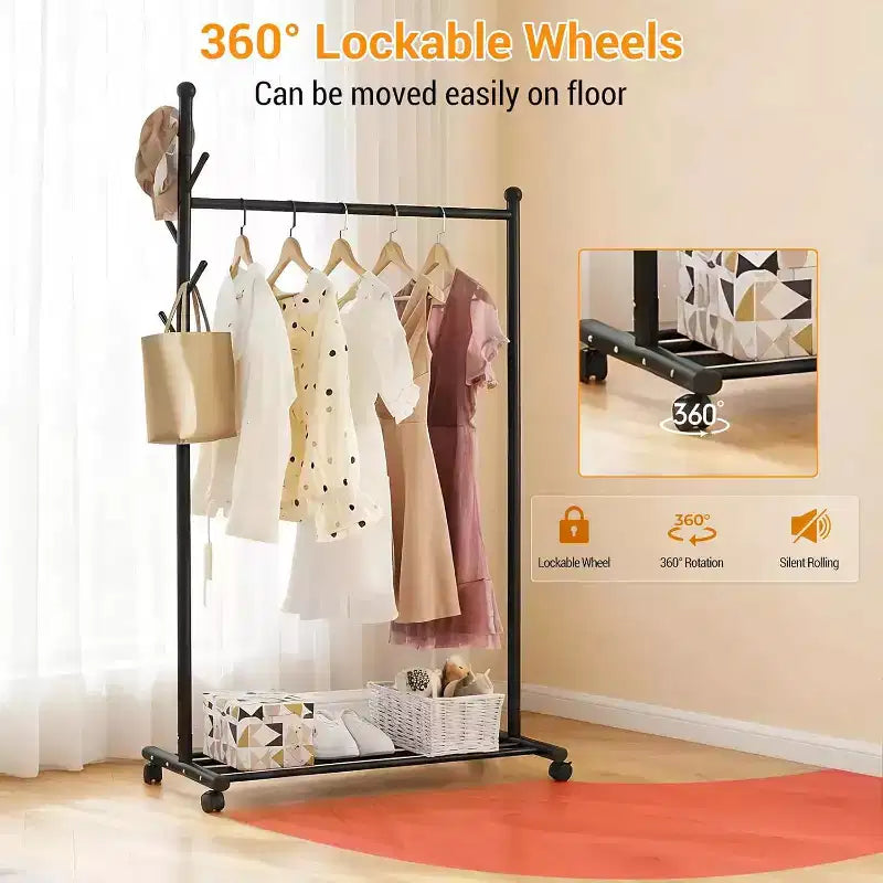 Metal Clothing Rack with Wheels, Rolling Clothes Racks for Hanging Clothes, Moveable Standing Garment Rack Clothes Hanger Racks for Small Space