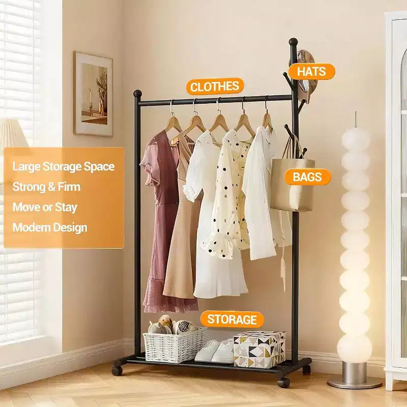 Metal Clothing Rack with Wheels, Rolling Clothes Racks for Hanging Clothes, Moveable Standing Garment Rack Clothes Hanger Racks for Small Space