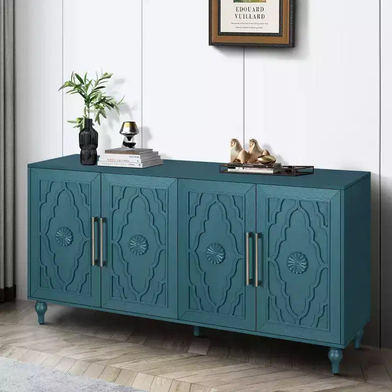 Kitchen Cabinet with 4 Carved Flower Doors, Decorative Sideboard Buffet Storage Cabinet for Dining Room, Living Room - Panipeachy