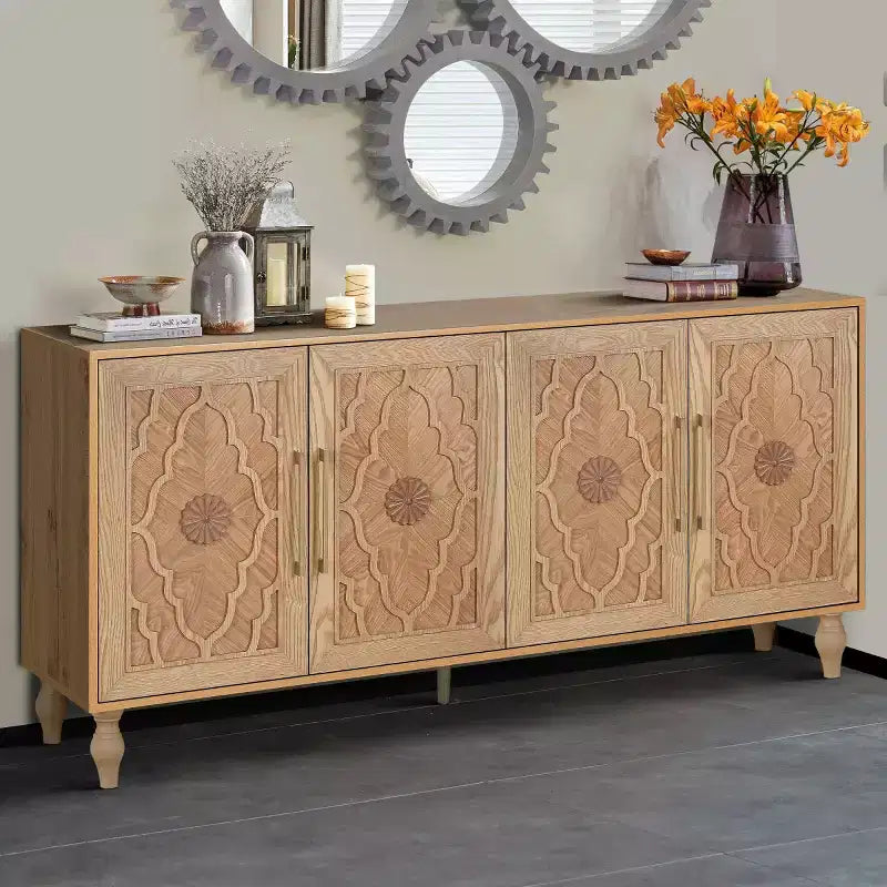 Kitchen Cabinet with 4 Carved Flower Doors, Decorative Sideboard Buffet Storage Cabinet for Dining Room, Living Room - Panipeachy
