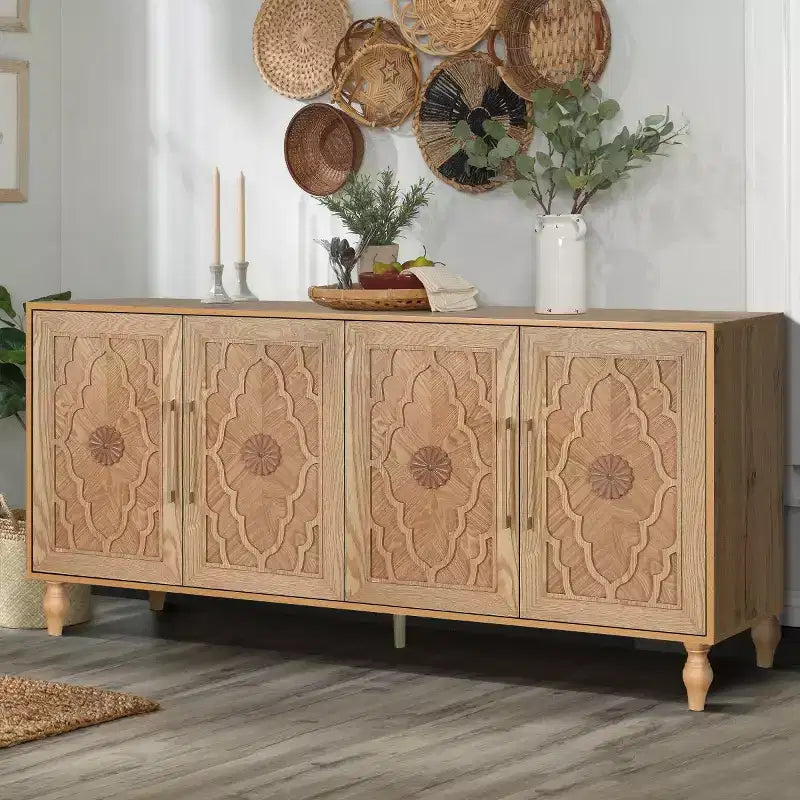 Kitchen Cabinet with 4 Carved Flower Doors, Decorative Sideboard Buffet Storage Cabinet for Dining Room, Living Room - Panipeachy